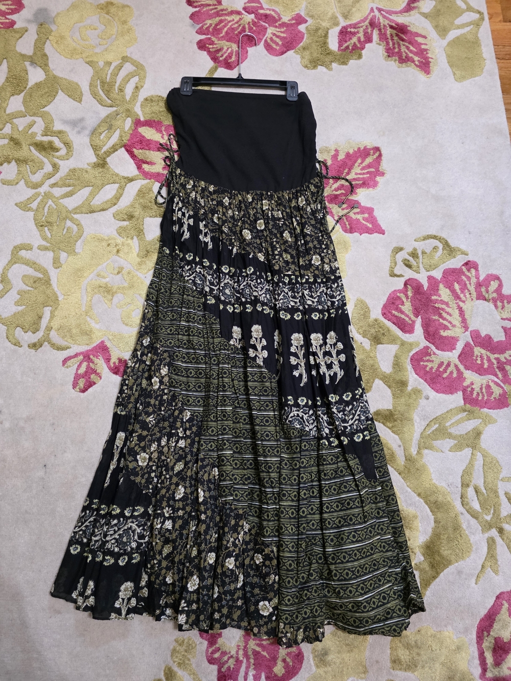 Free People Black Maxi Skirt with Olive & Cream Floral Patchwork